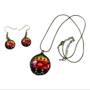 Aztec design orange, yellow, pink, teal,& black matching necklace & earrings set
